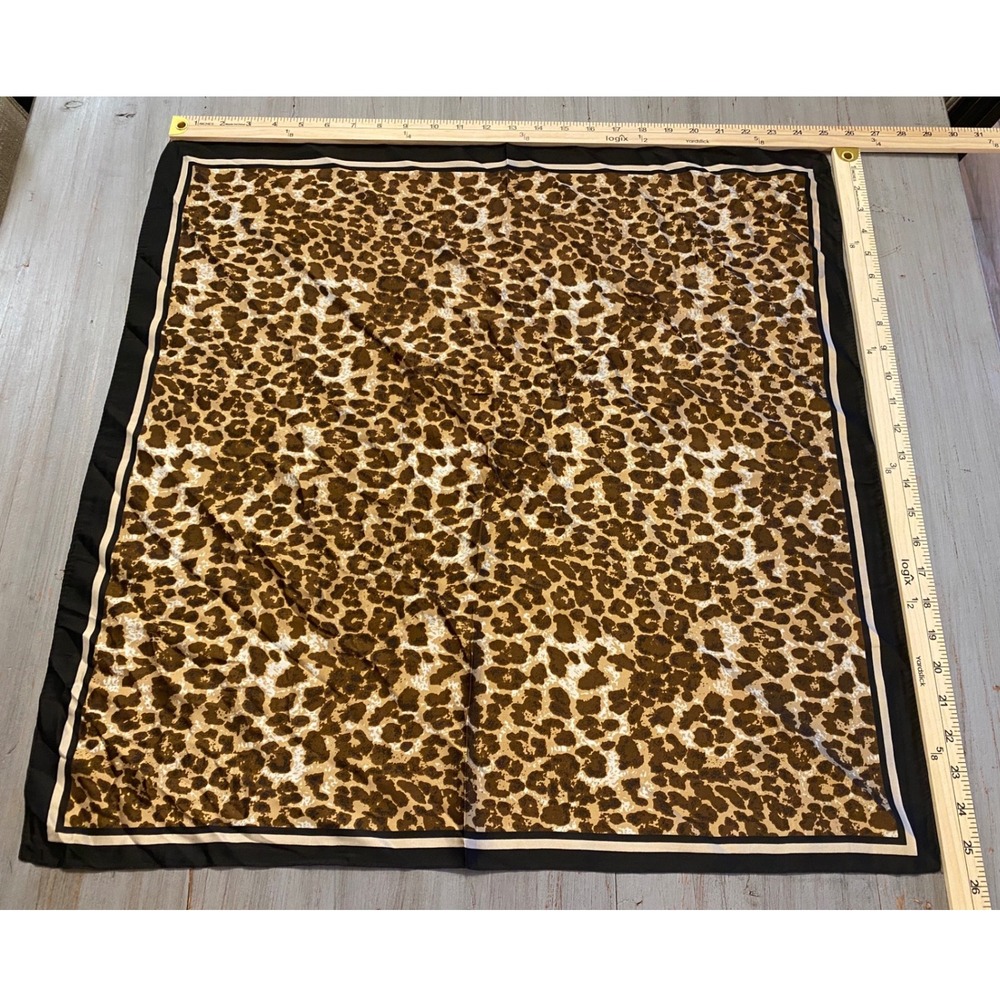 Leopard Print Square Neck Scarf Black Tan Cream Border Animal Print Silky Wrap